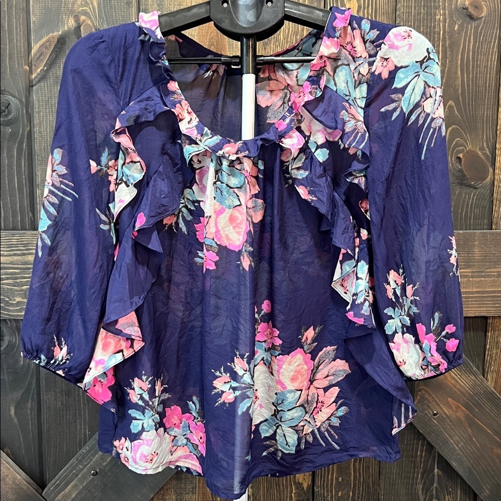 Anthropologie Leifsdottir Cotati Silk Top 4 Blue Pink Floral Chiffon Ruffle Boho